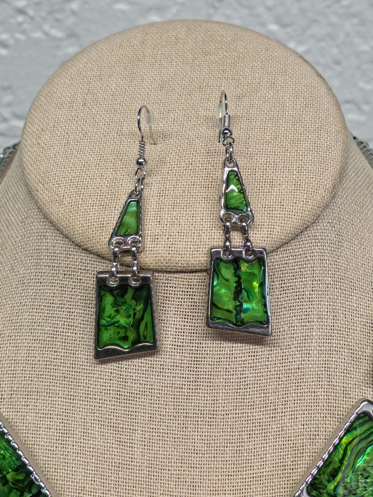 Artisan Abalone Shell Necklace Earring Set Silver Tone Rectangle Mosaic 16-18″