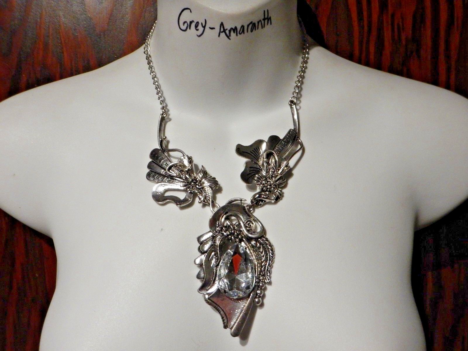 SILVER CHUNKY FLORAL BIB NECKLACE art nouveau lily clear stone earrings set Z8