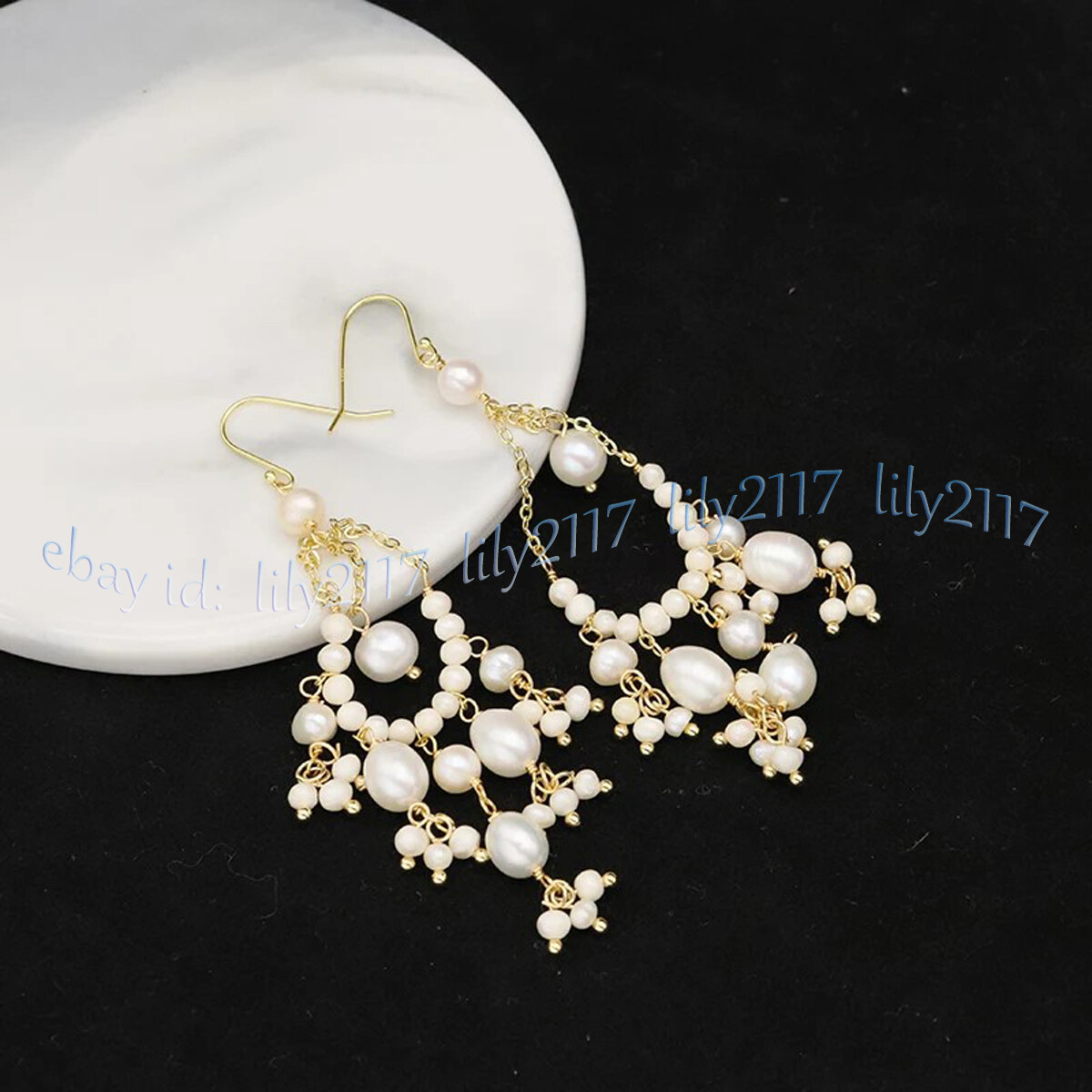 Beauty Natural White Freshwater Baroque Pearl Cluster Dangle Gold Hook Earrings