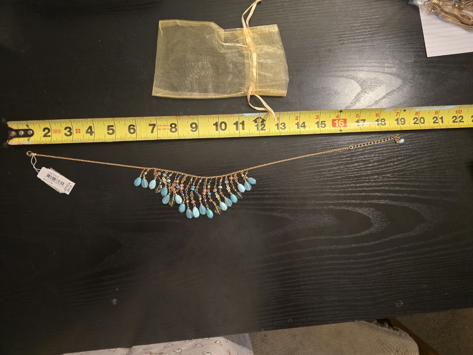 Gold Tone Bohemian Bib Necklace Blue Pink Green Beaded Fringe 22 in LN4578-5015
