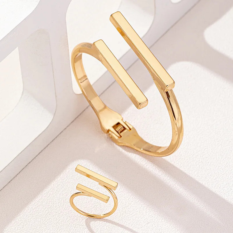 Bracelet Ring Set Geometric Open Stainless Steel Women Accessories Jewelry