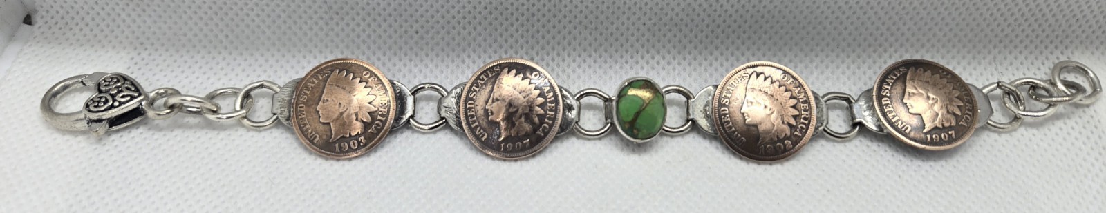 Nickelheadjewelry LLC GREEN copper turquoise bracelet with authentic coins
