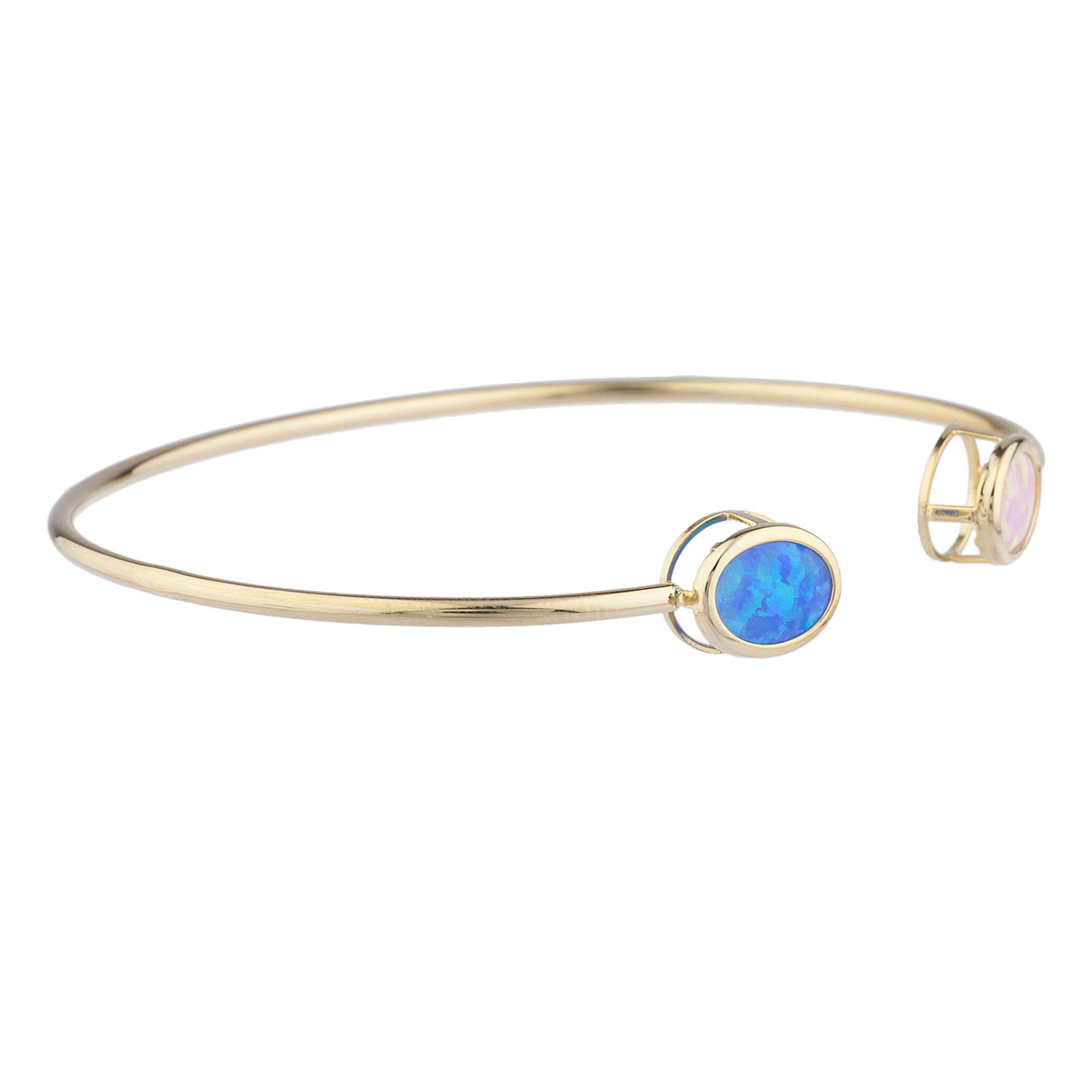 14Kt Gold Blue & Pink Opal Oval Bezel Bangle Bracelet