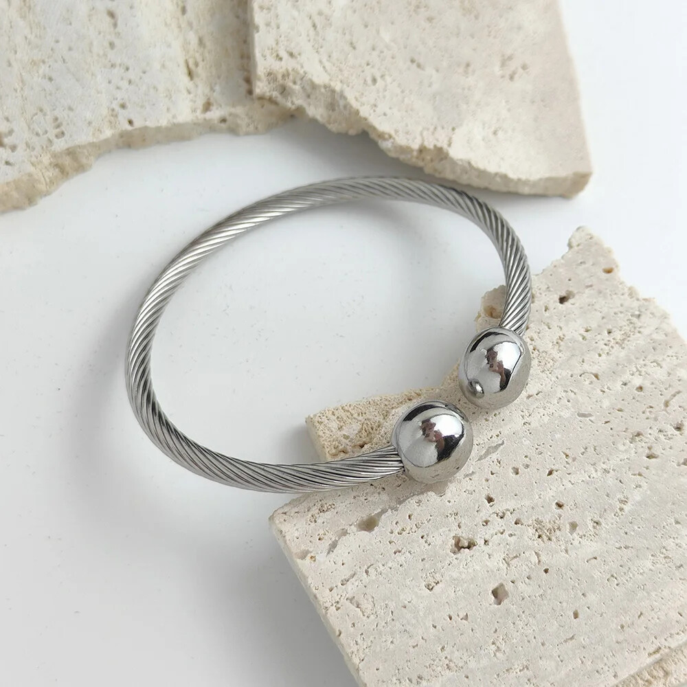 Double ball gold-plated stainless steel bracelet, twisted steel wire C-shaped
