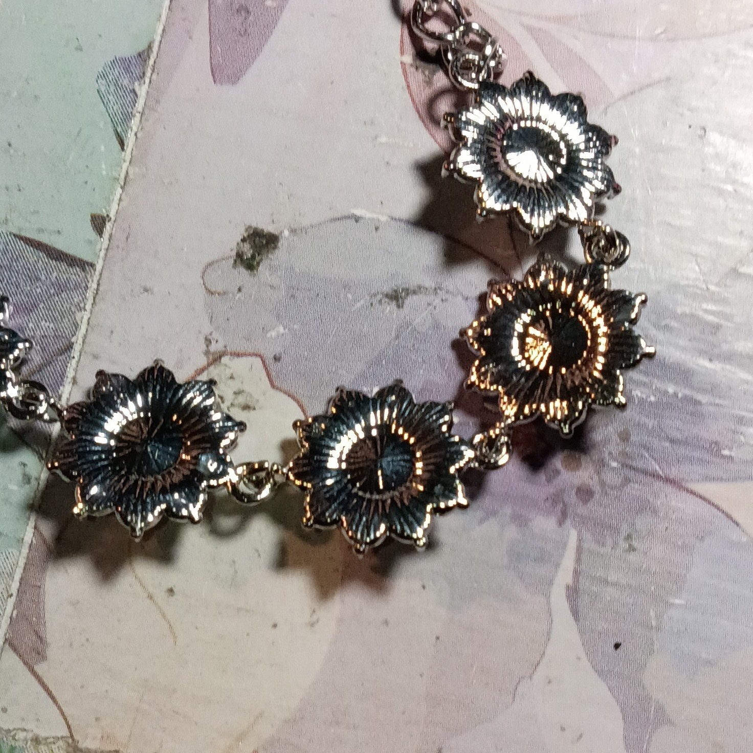Silver Tone Purple Crystal Rhinestone Flower Station Cable Chain Necklace