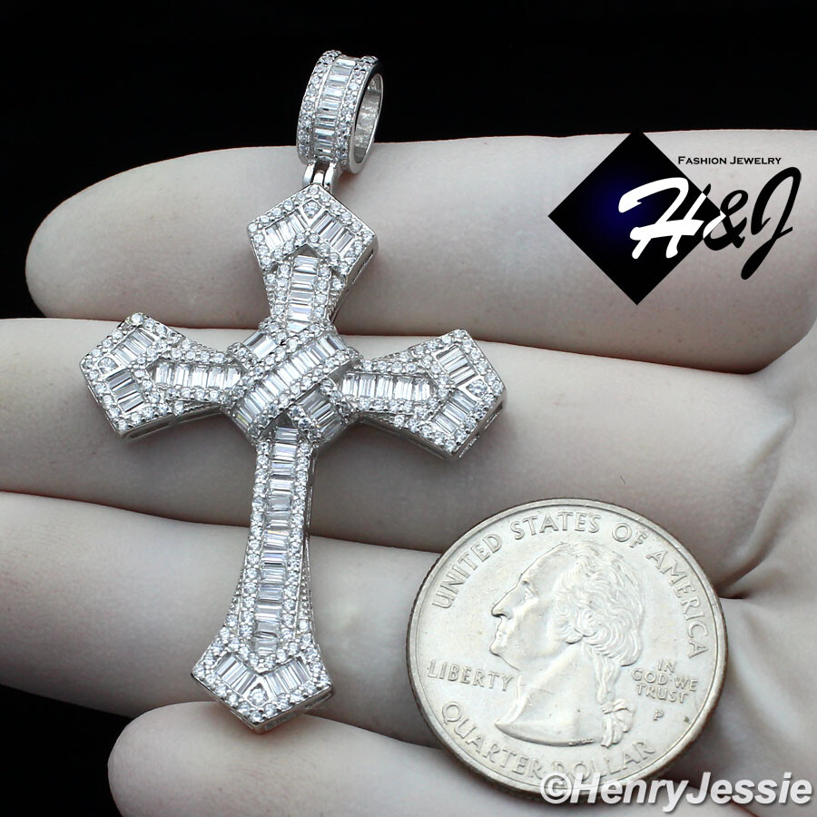 MEN SOLID 925 STERLING SILVER ICY BLING BAGUETTE CZ SILVER CROSS PENDANT*SP313