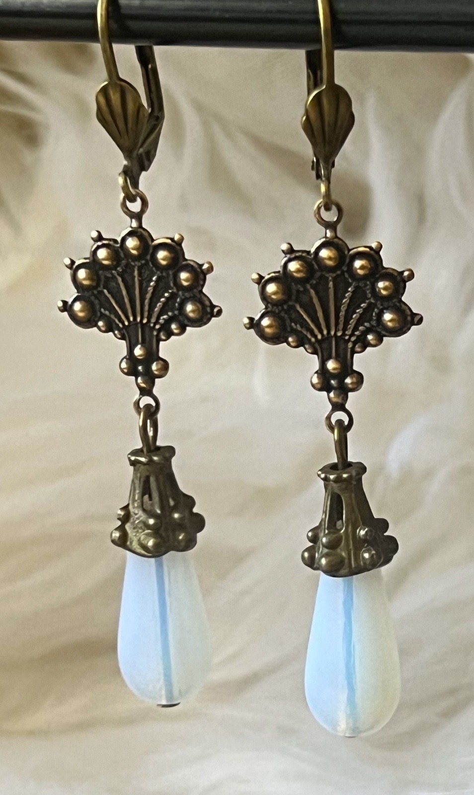 Art Nouveau Earrings Brass Filigrees Antique Opalite Czech Glass Drops