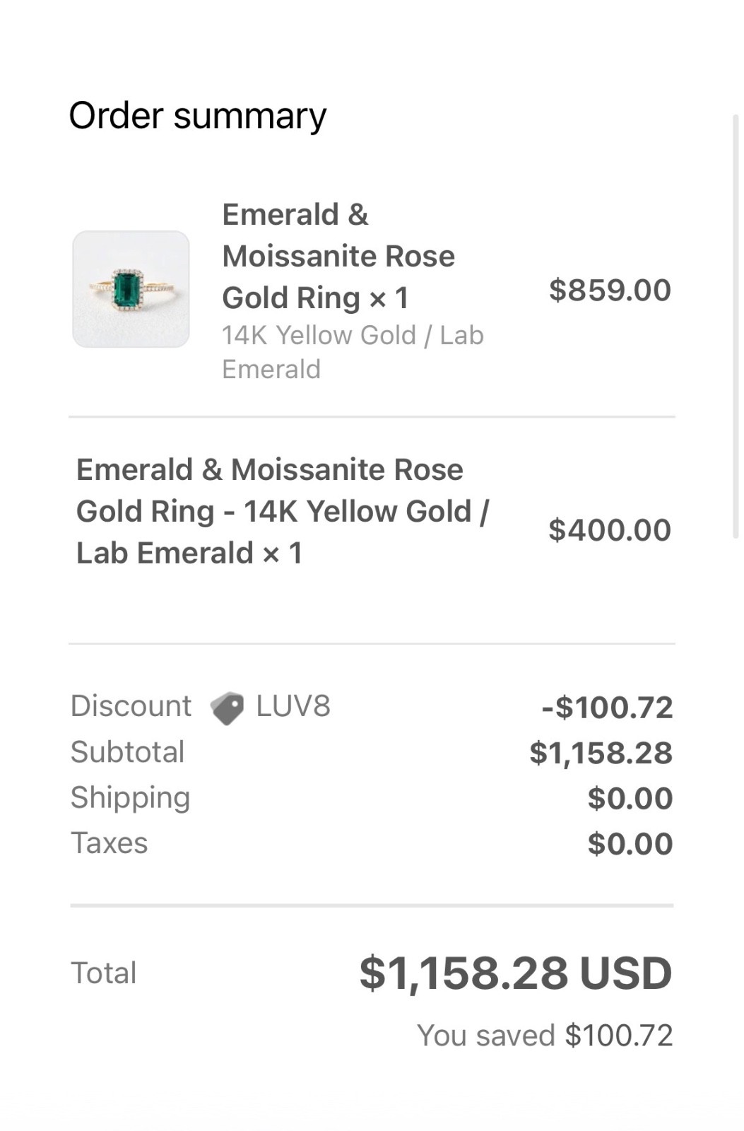 Emerald & Moissanite Rose Gold Ring × 1 14K Yellow Gold / Lab Emerald