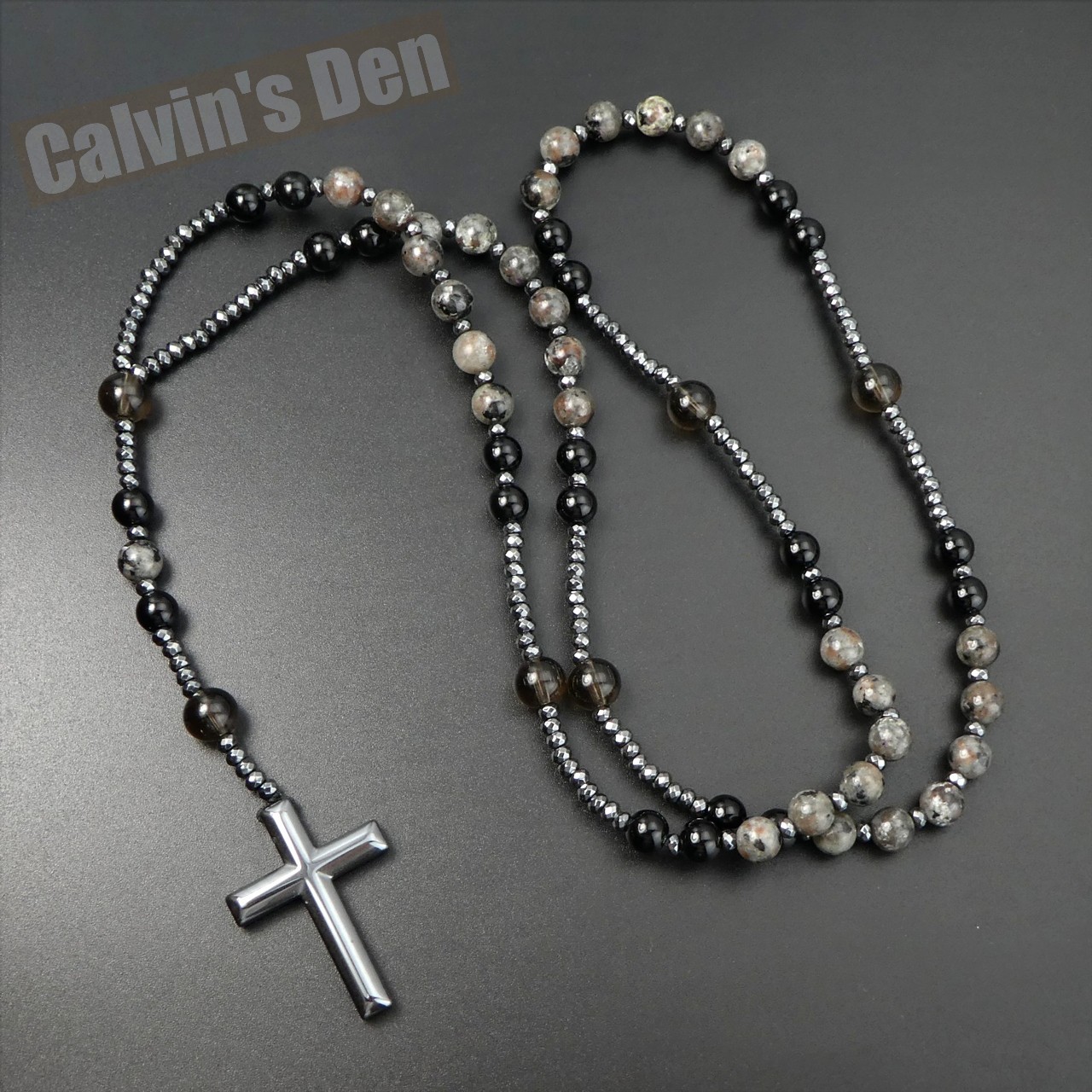 Yooperlite Black Onyx Smokey Quartz Bead Black Hematite Cross Rosary Necklace