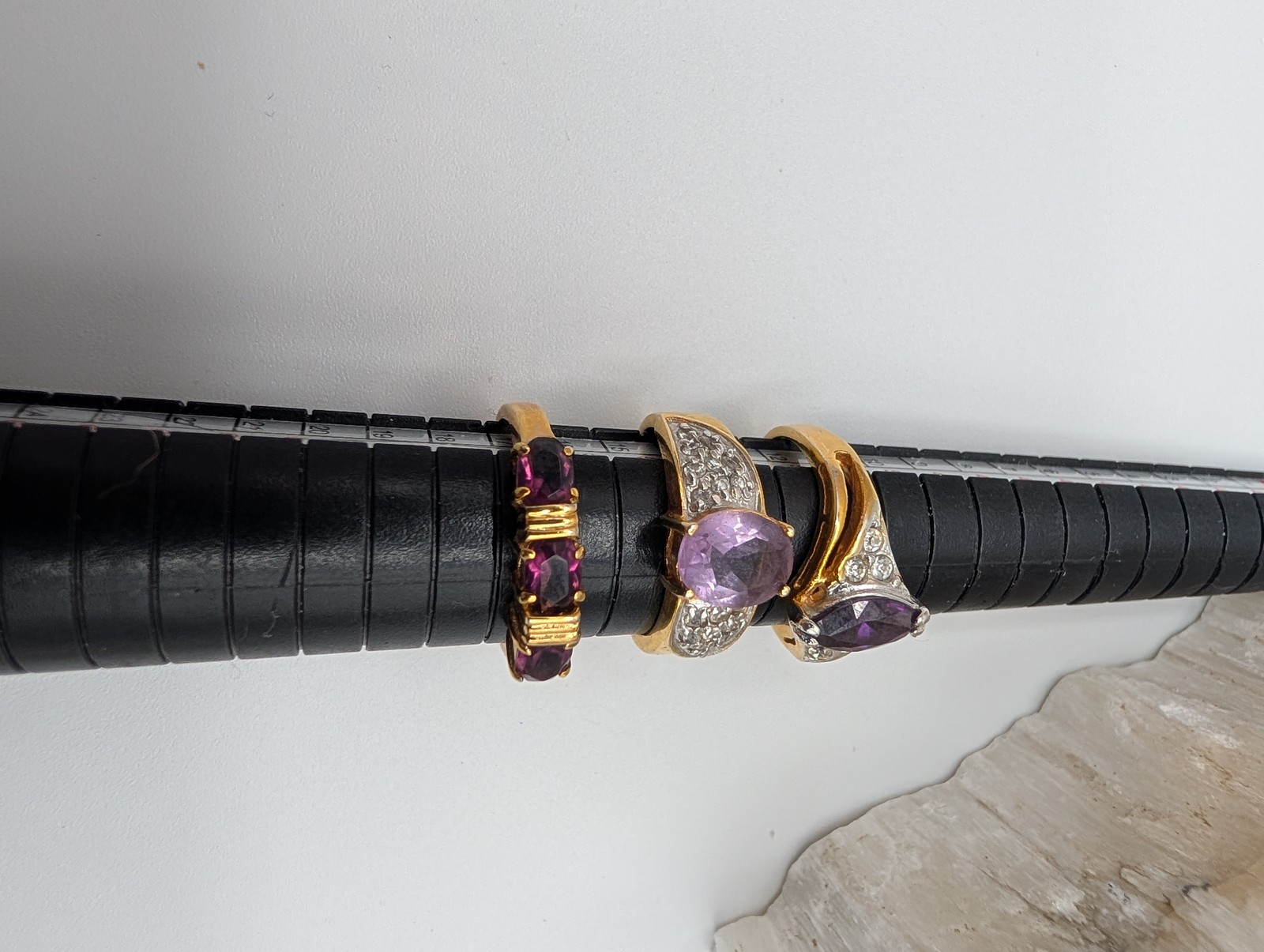 Lot of 3 Gold Tone Purple & Clear Stone Fashion Rings Cocktail Sizes 6.5, 7.5, 8