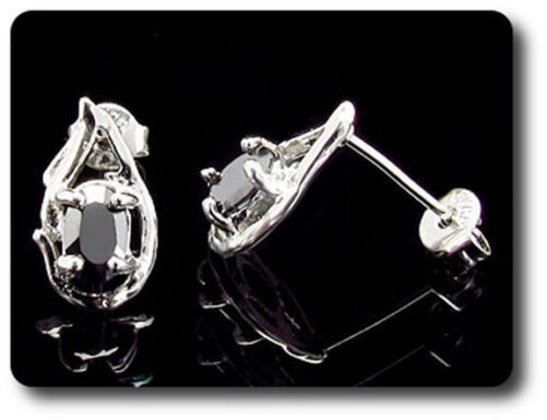Earrings Black Sapphire 0 3/32×0 9/32in Gold Plated White 18 Krgp