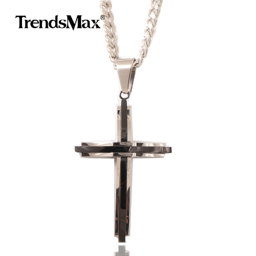 Mens Silver+Black Stainless Steel Cross Pendant Necklace 18-30″ Cuban Curb Chain