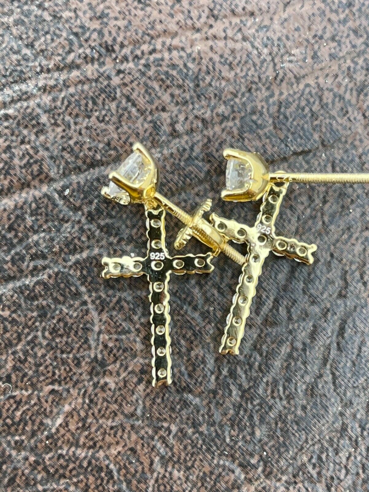 Real MOISSANITE 14k Gold Plated Dangle Cross Studs Earrings Iced Passes Tester