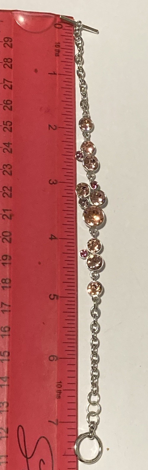 Silver Tone T Bar Bracelet Pink Sparkly (Swarovski Crystal?) Stones 7.5″ (9.69g