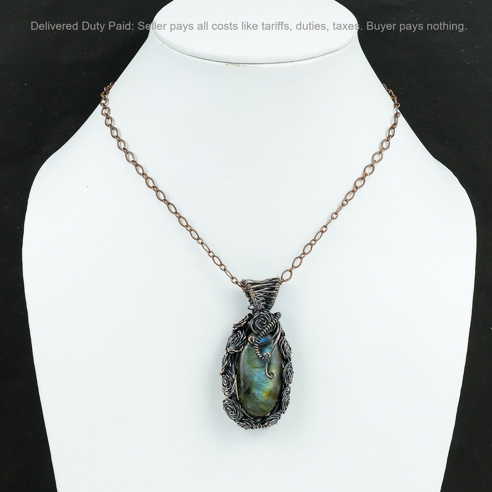 Natural Labradorite Copper Engagement Sister Wire Wrapped Flower Pendant Jewelry