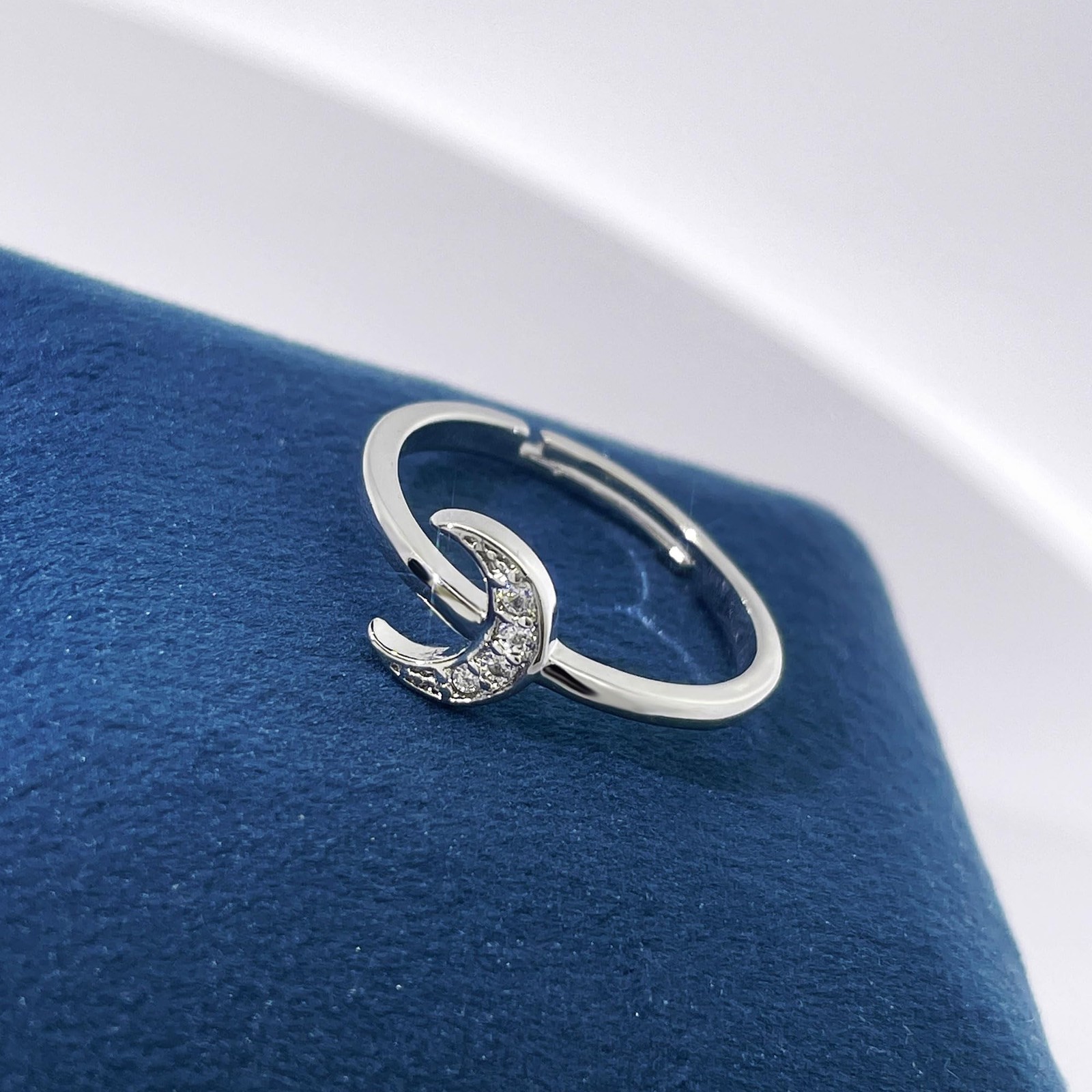 18K Gold Crescent Moon Ring, CZ Stackable Minimalist Promise Jewelry for Women