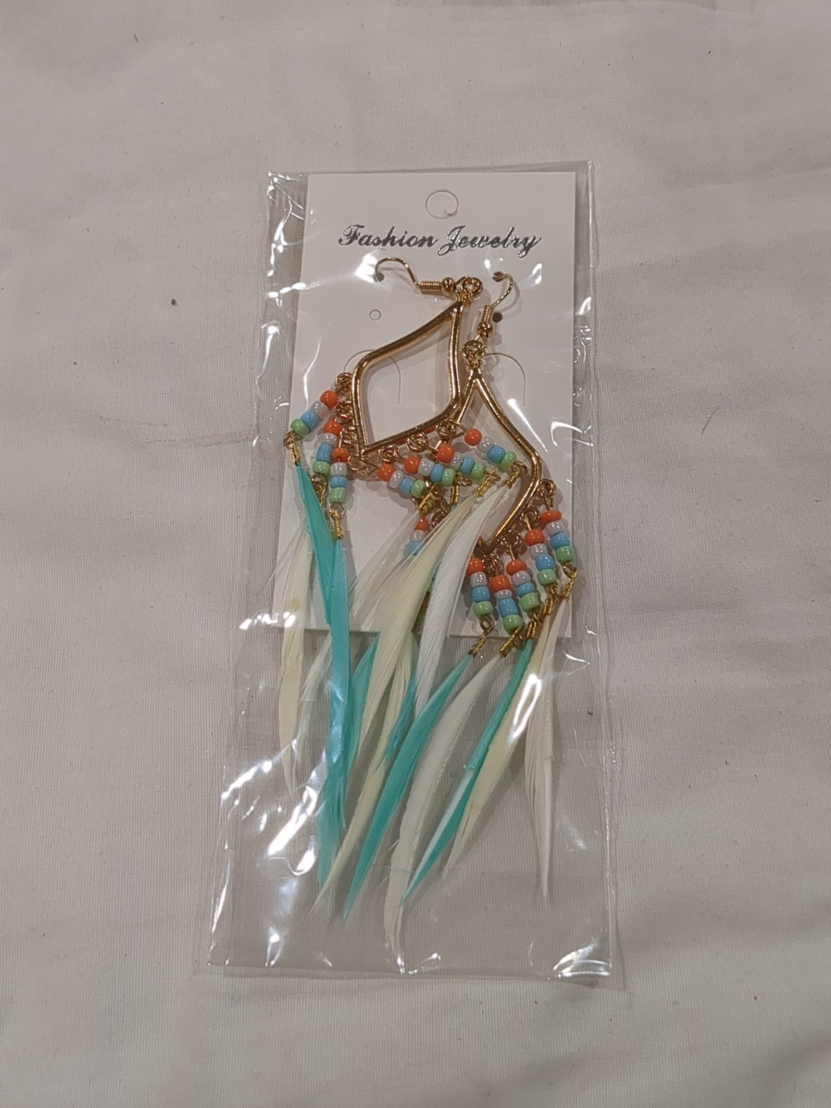 Bead Earrings 2 PC Set Feather Tassel Gold Boho Ethnic Retro Bohemian Dangle