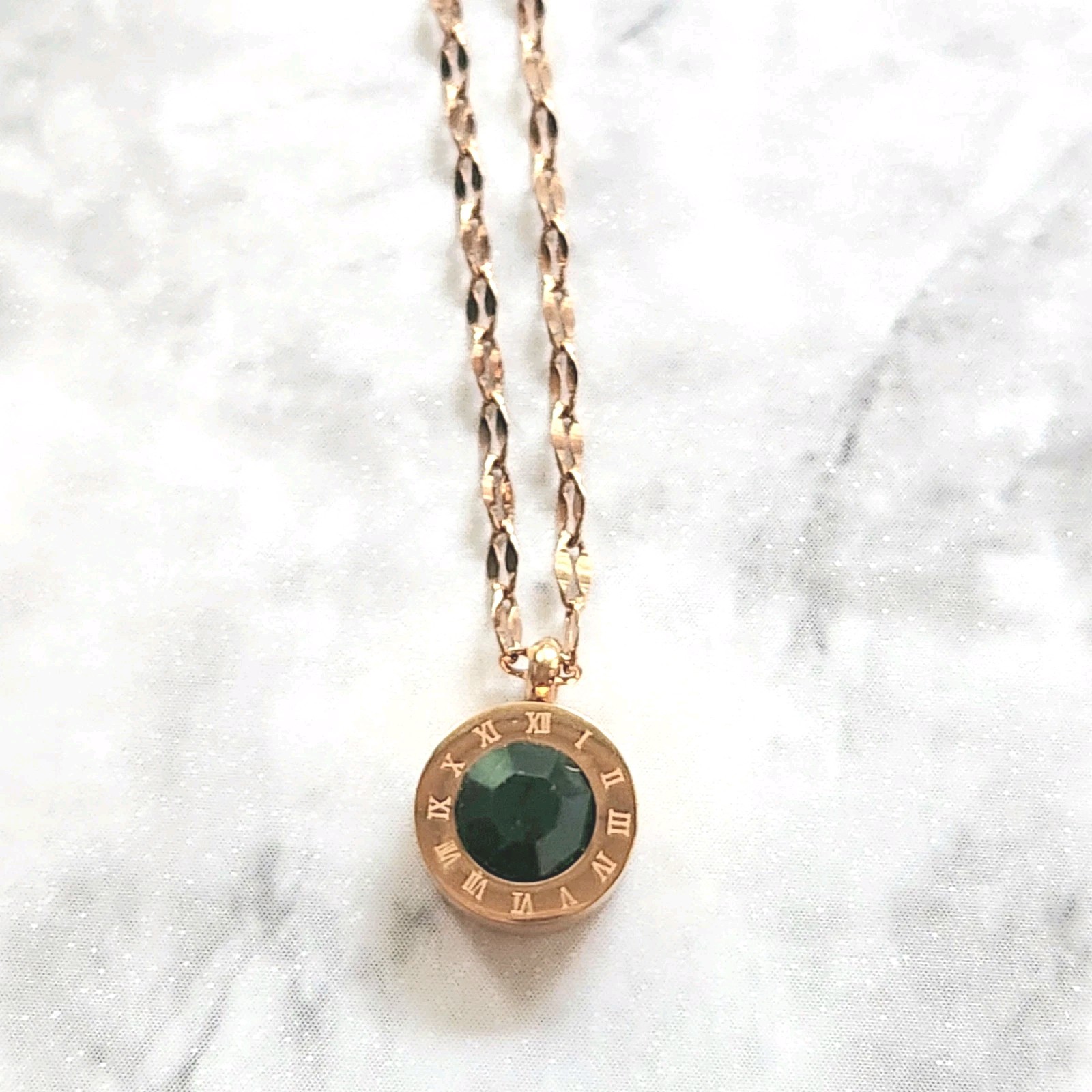 Green CZ Dot Pendant Necklace Gold Tone Stainless Steel Roman Numeral Clock