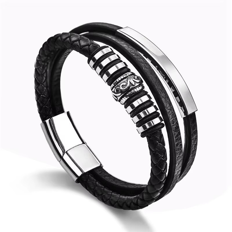 18cm 20cm 22cm Trendy Leather Stainless Steel Multilayer Braided Gift Men’s Wear