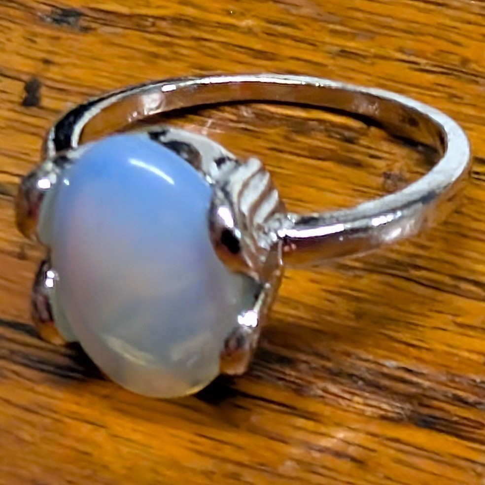 New Opalite Oval Cabochon Big Ring Plus Size 10.5 Blue SilverTone Statement Boho
