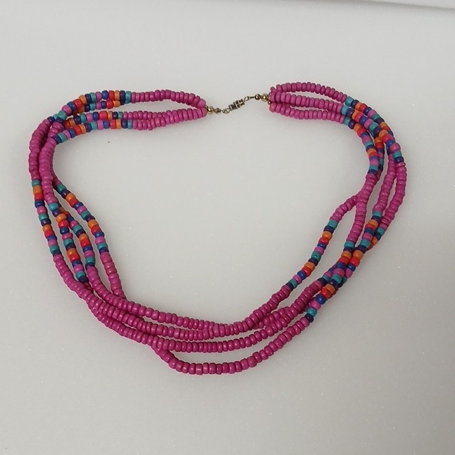 Multicolor Beaded Multi-Strand Statement Necklace Lot Wood Plastic Barrel Clasp