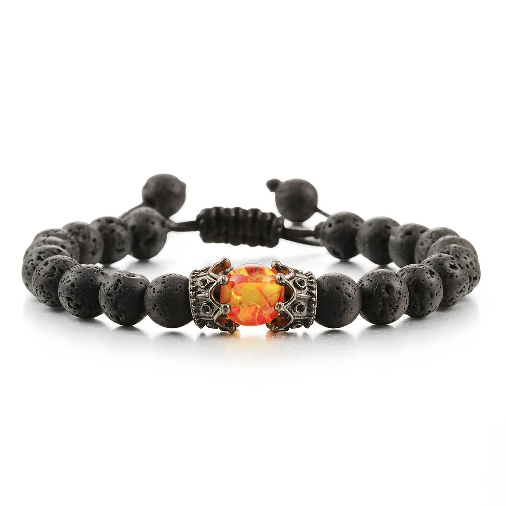 Handmade Adjustable Braided Bracelet Black Lava Stone Crown Tiger Eye Beads