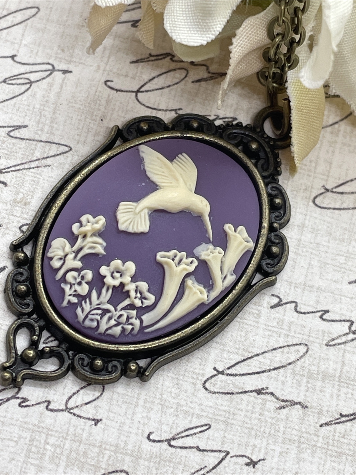 Purple Bronze Hummingbird Necklace Pendant Cameo Mom Daughter Birthday wedding