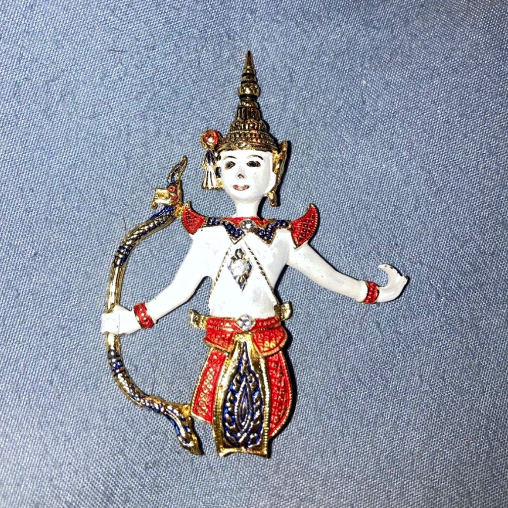 Gold Tone Metal Enamel Figural Religious Brooch Pin, White Red Blue