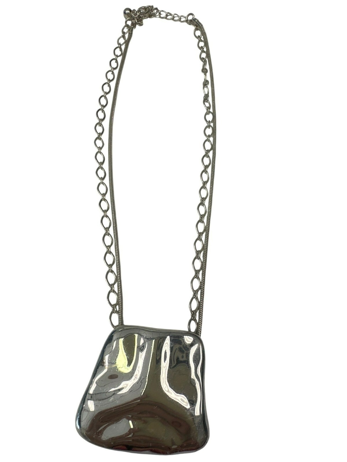 Silver Tone Pendant Necklace 18″ Shiny Geometric Wearable Art Abstract
