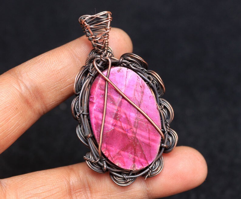 Birth Gift Pendant Pink Fire Labradorite Copper Wire Wrap Pendant Jewelry N34