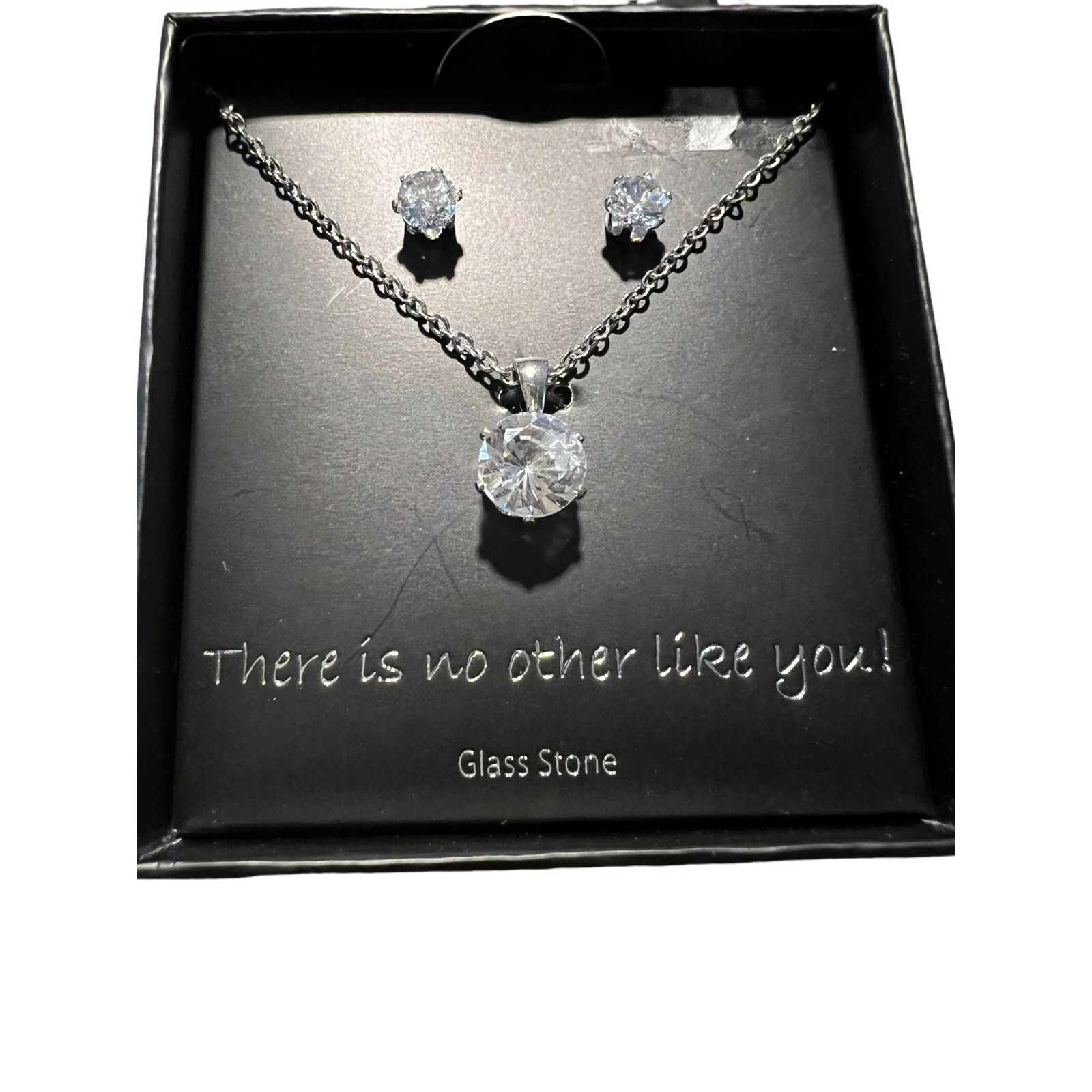 Silver Tone Necklace Earring Set Clear Glass Stone No Other Like You New in Box