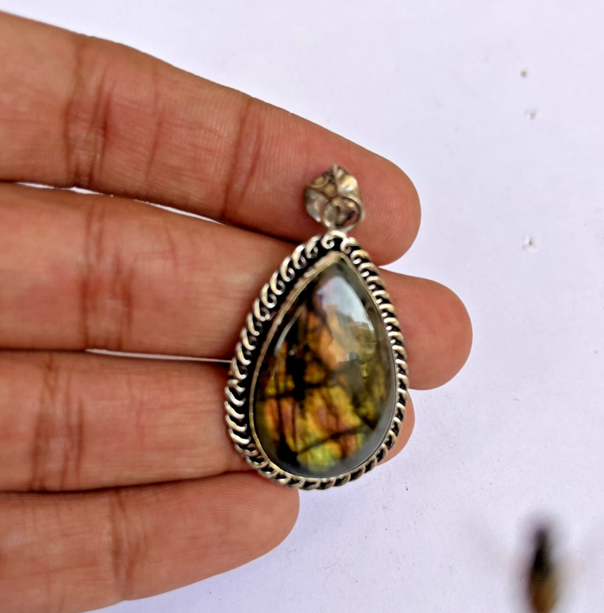 Natural Labradorite Pear Pendant Necklace 24″ Chain Healing Crystal Jewelry