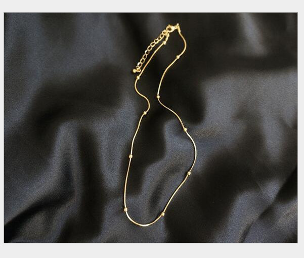 18K Gold Stainless Steel Station Bead Ball Snake Chain Choker Necklace 18″ PE44