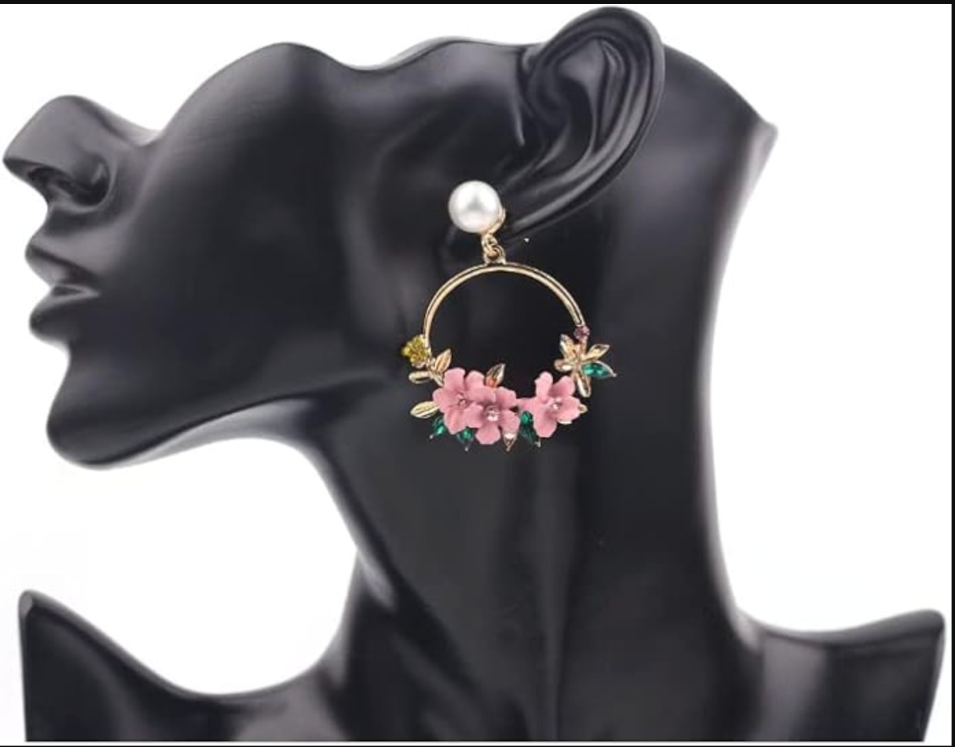 Women Pink Flower Hoop Earrings Pearl Stud Floral Dangle Earrings Gift Jewelry