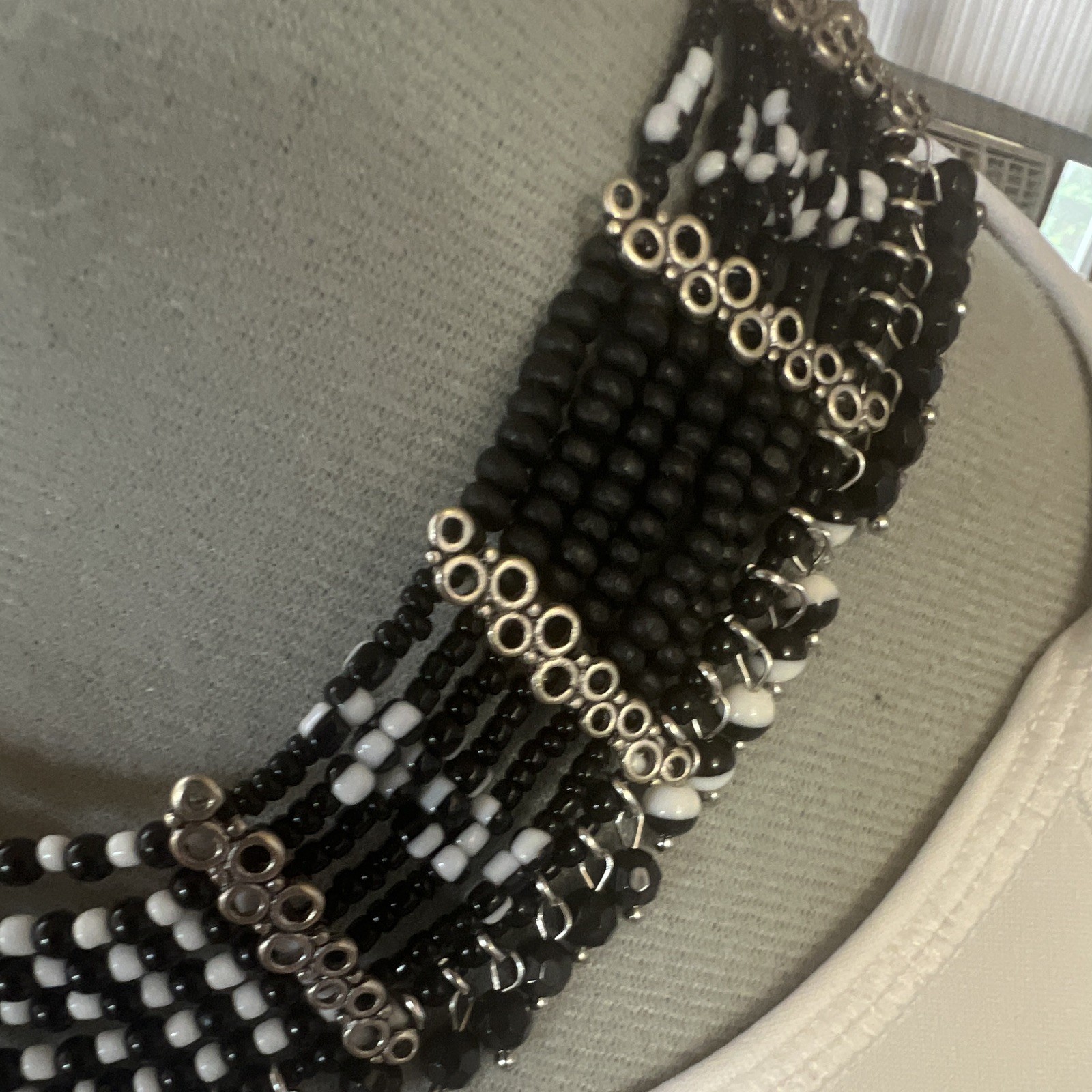 Black & White Beaded Statement Bib Necklace, Silver Tone Cable Chain, Adjustable