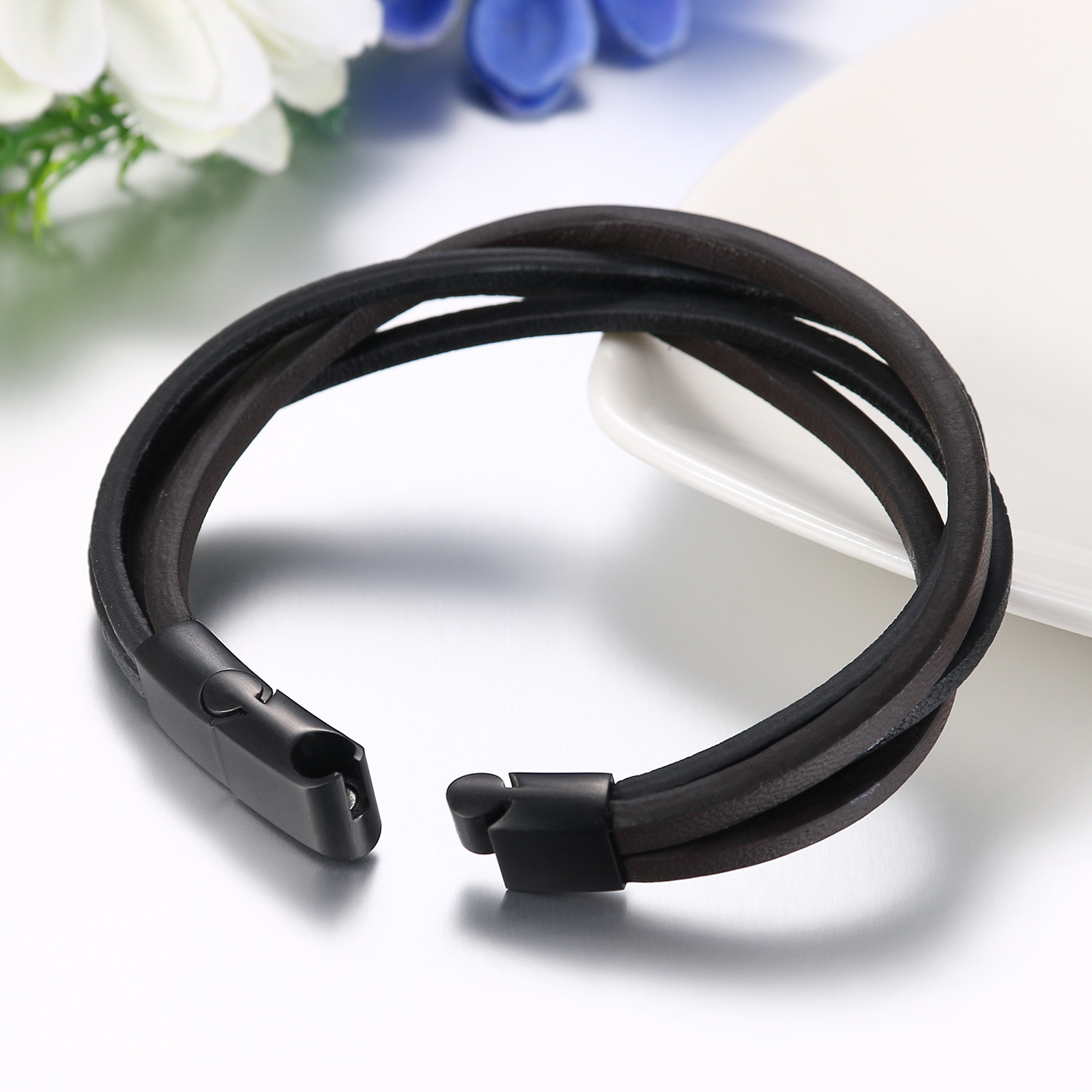 Men’s Brown Leather Stainless Steel Magnetic Buckle Charm Bracelet Bangle Cuff