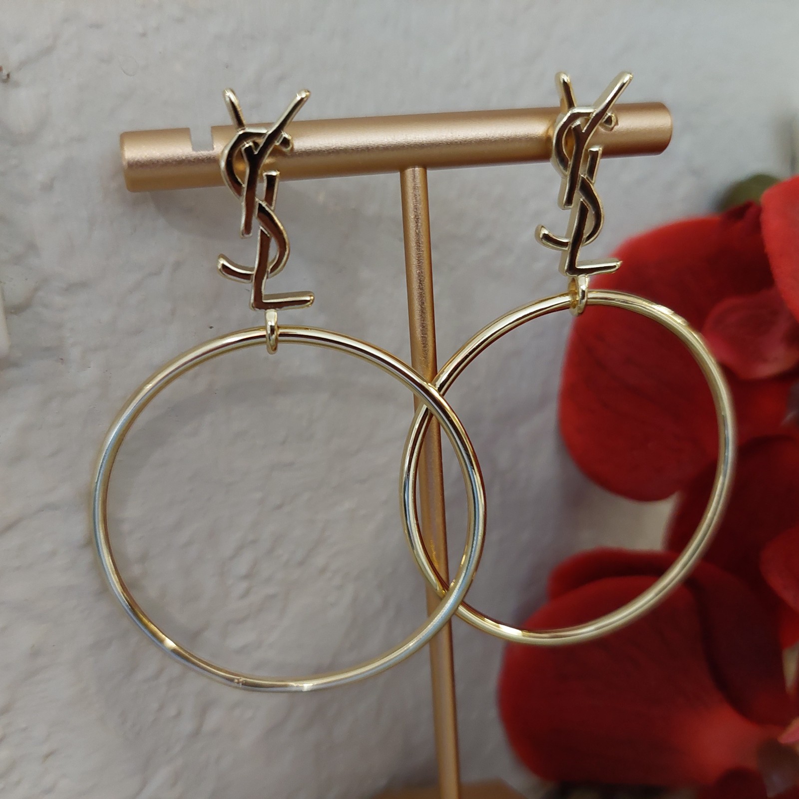 Auth. YVES SAINT LAURENT YSL Large Dangle HOOP EARRINGS Gold Logo