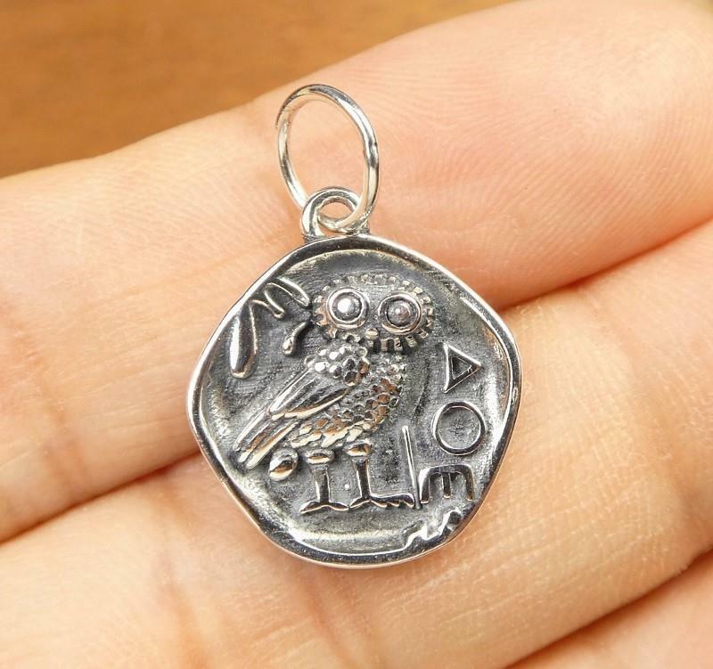 Sterling Silver Ancient Athena Owl Coin Organic Round Small Charm Pendant Unique