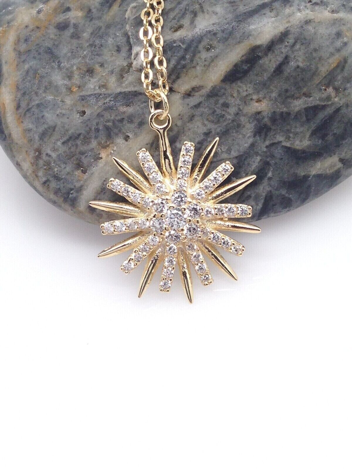 925 Sterling Silver CZ Gold Sunburst Sun Pendant Necklace Women 15mm 16-18″ Tiny