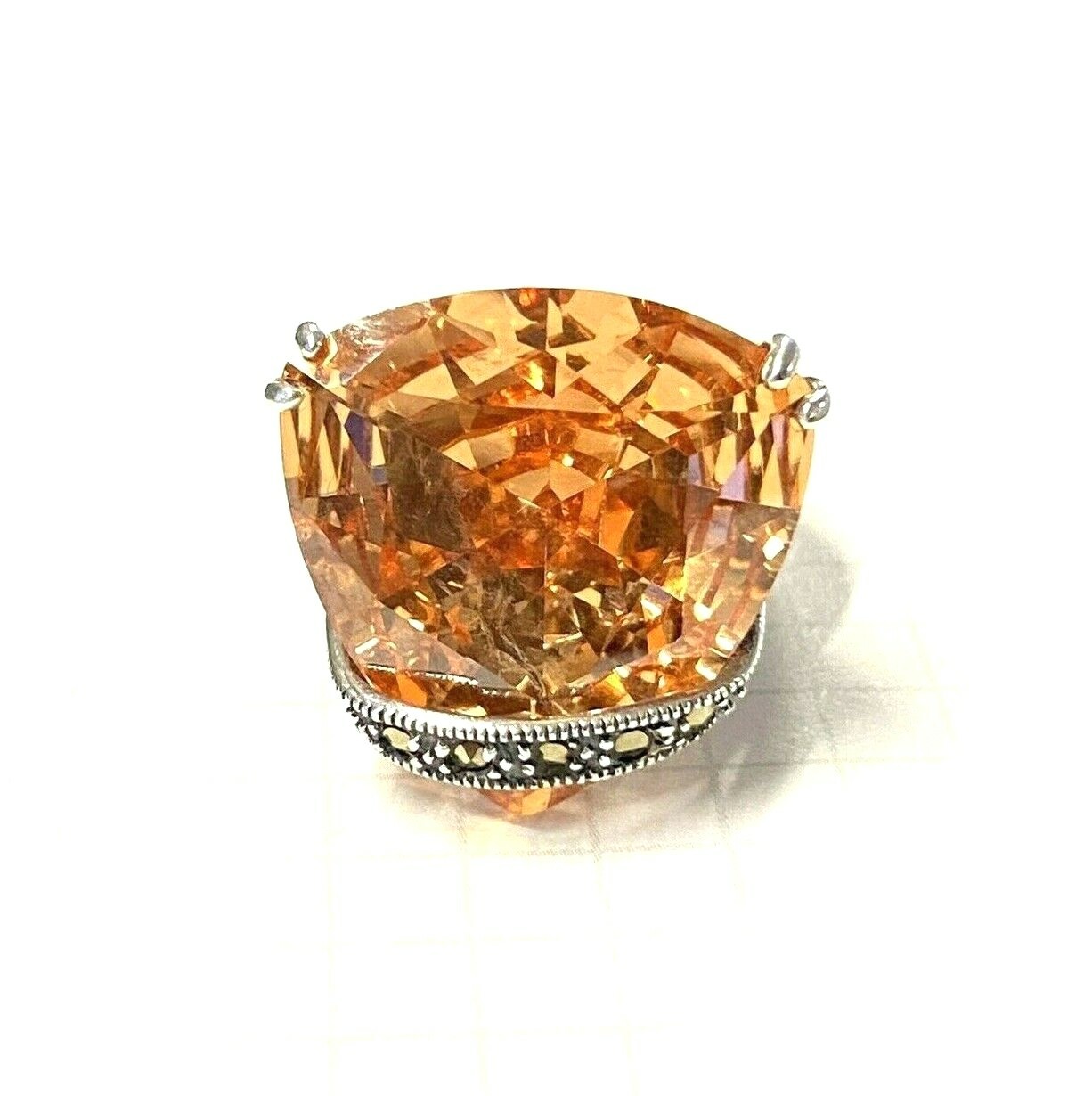 (SIZE 6,7,8,9) HUGE Amber Orange CZ Stone RING Marcasite .925 STERLING SILVER