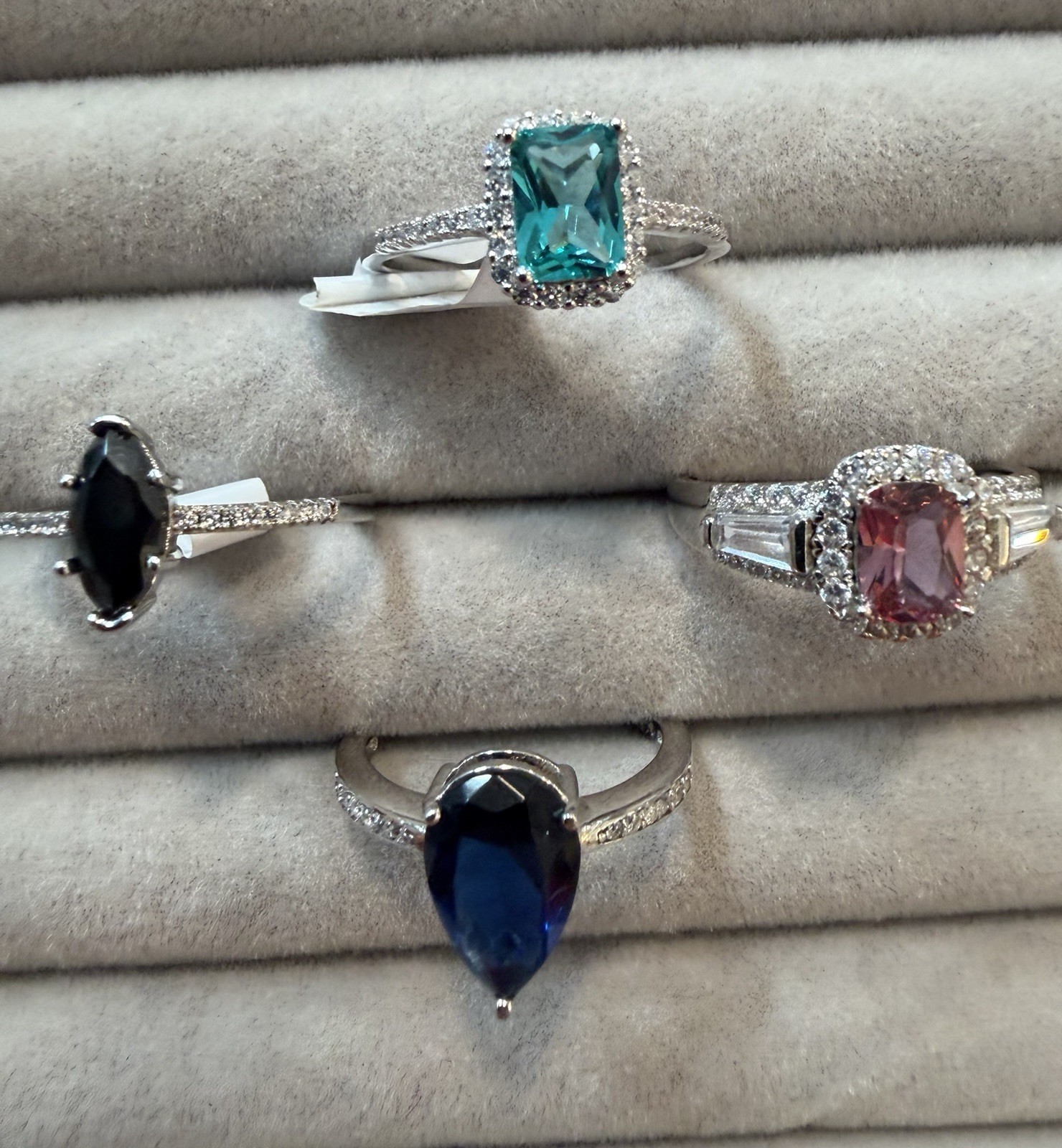 Sterling silver cocktail rings. Lab created gemstones. Lot of 4 rings