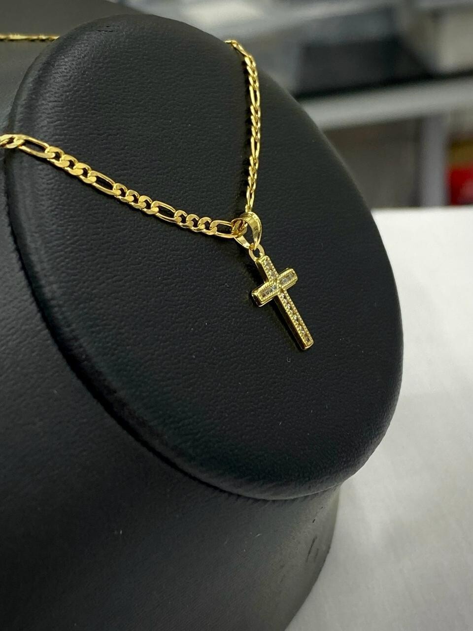 14K Gold Filled Tiny CZ Cross Pendant Necklace Womens 17x10mm Figaro Crucifix
