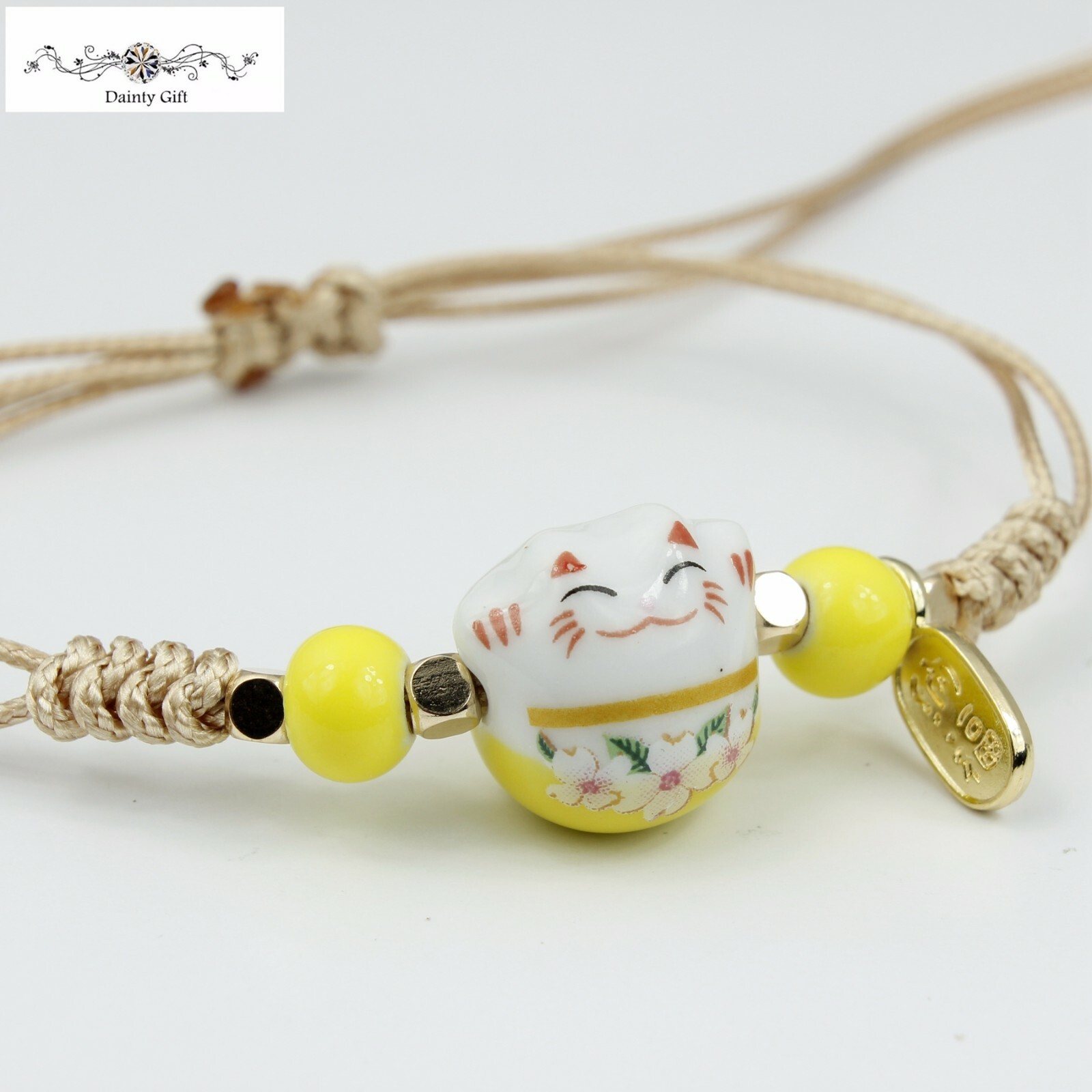 Girl Women Luck Ceramic Fat Flower Cat / Kitty Animal Adjust Rope Bracelet 4-11″