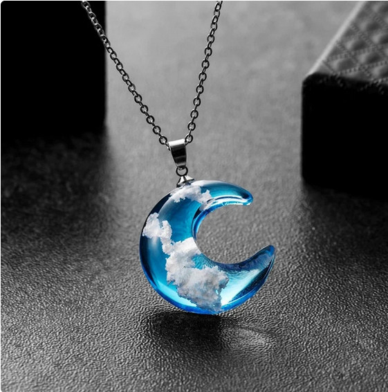 BLUE CRESCENT MOON WHITE CLOUD Pendant On 20″ 925 Sterling Silver Necklace Women