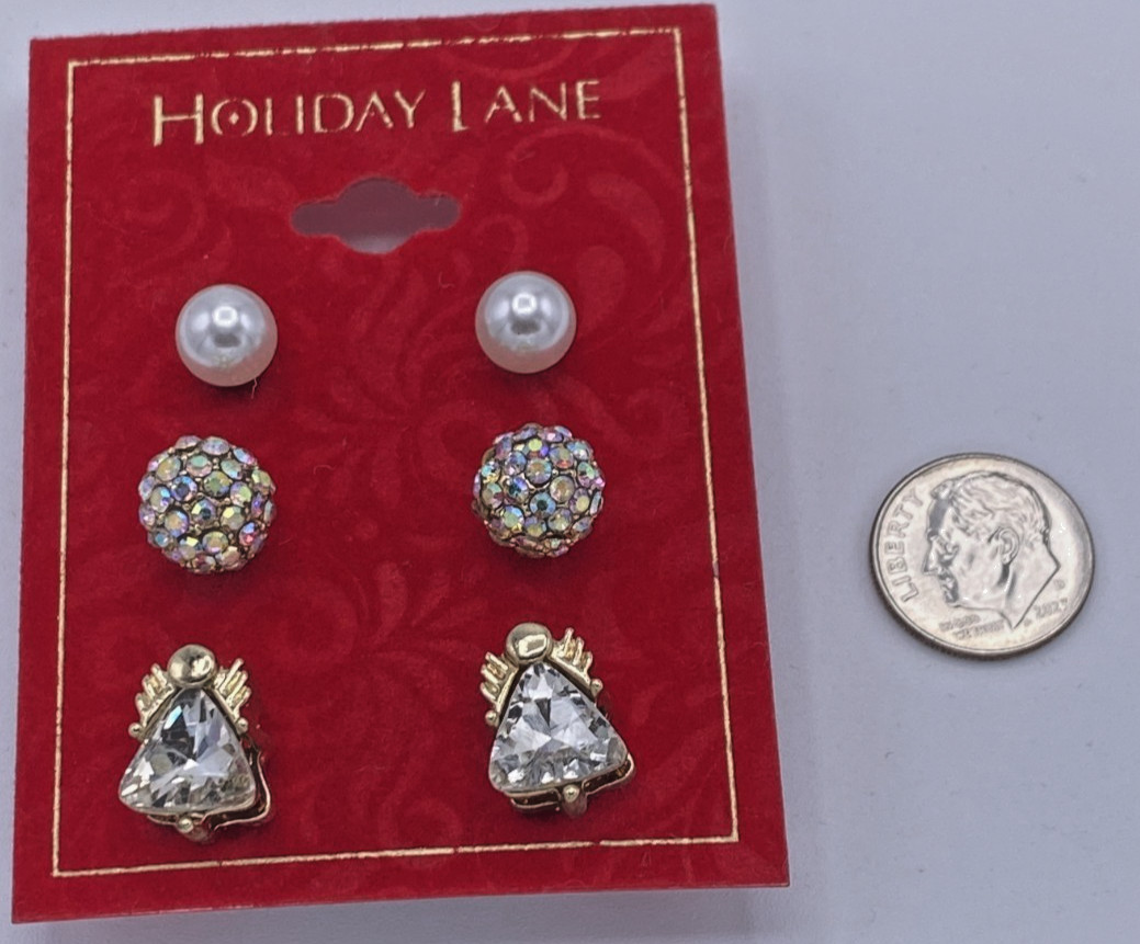 Holiday Lane Gold Tone 3-Pc. Set Angel, Crystal Ball & Imitation Pearl Studs NWT