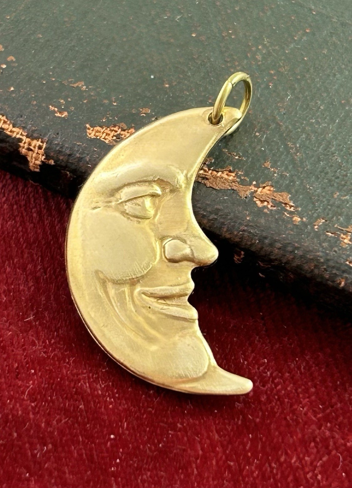 Crescent Moon Charm Moon Pendant Man On The Moon Face Celestial Jewelry Brass