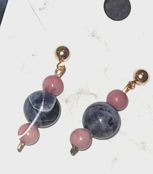 Pink Rhodonite blue sodalite new stone post earrings yelllow gold plated