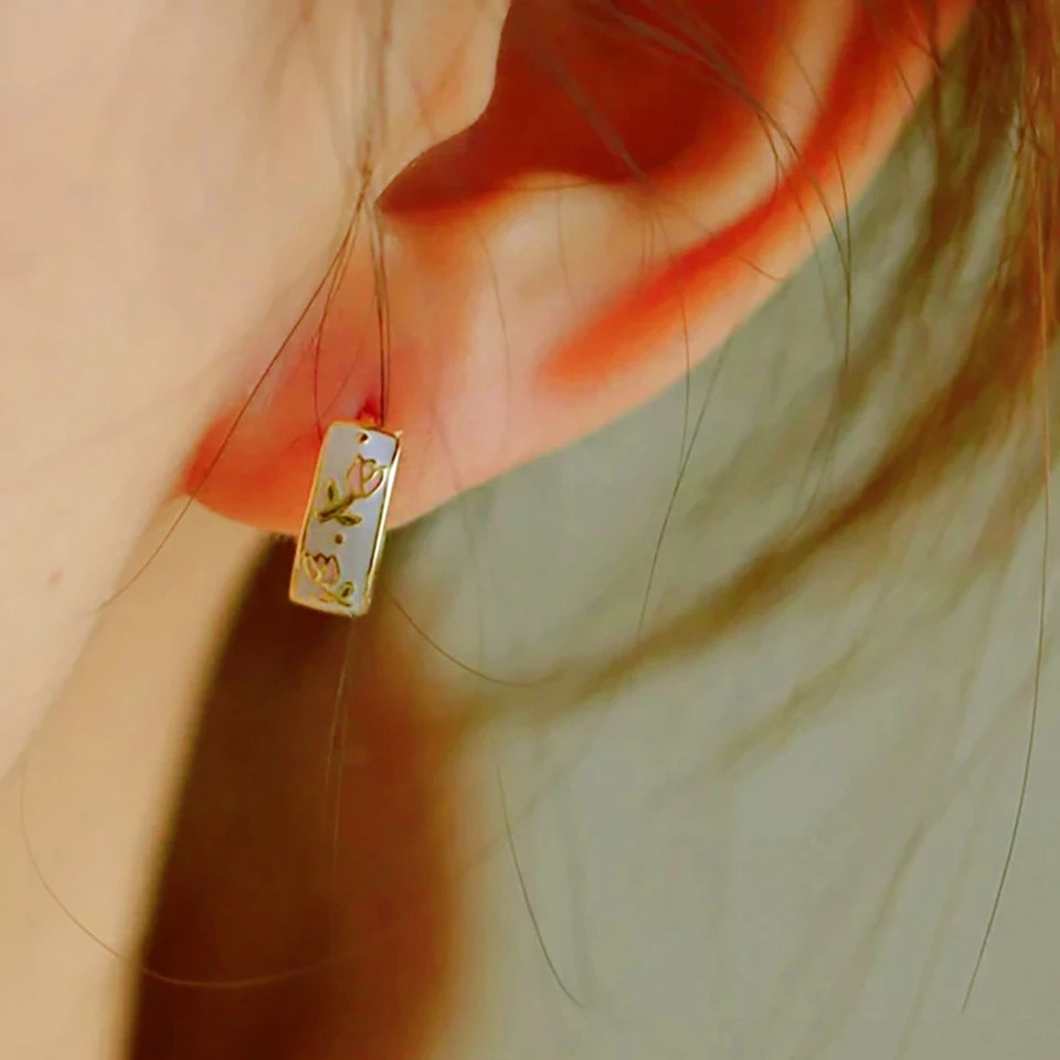 Metal Enamel Hoop Earrings Women Tulip Floral Tea Cup Spring Summer Jewelry