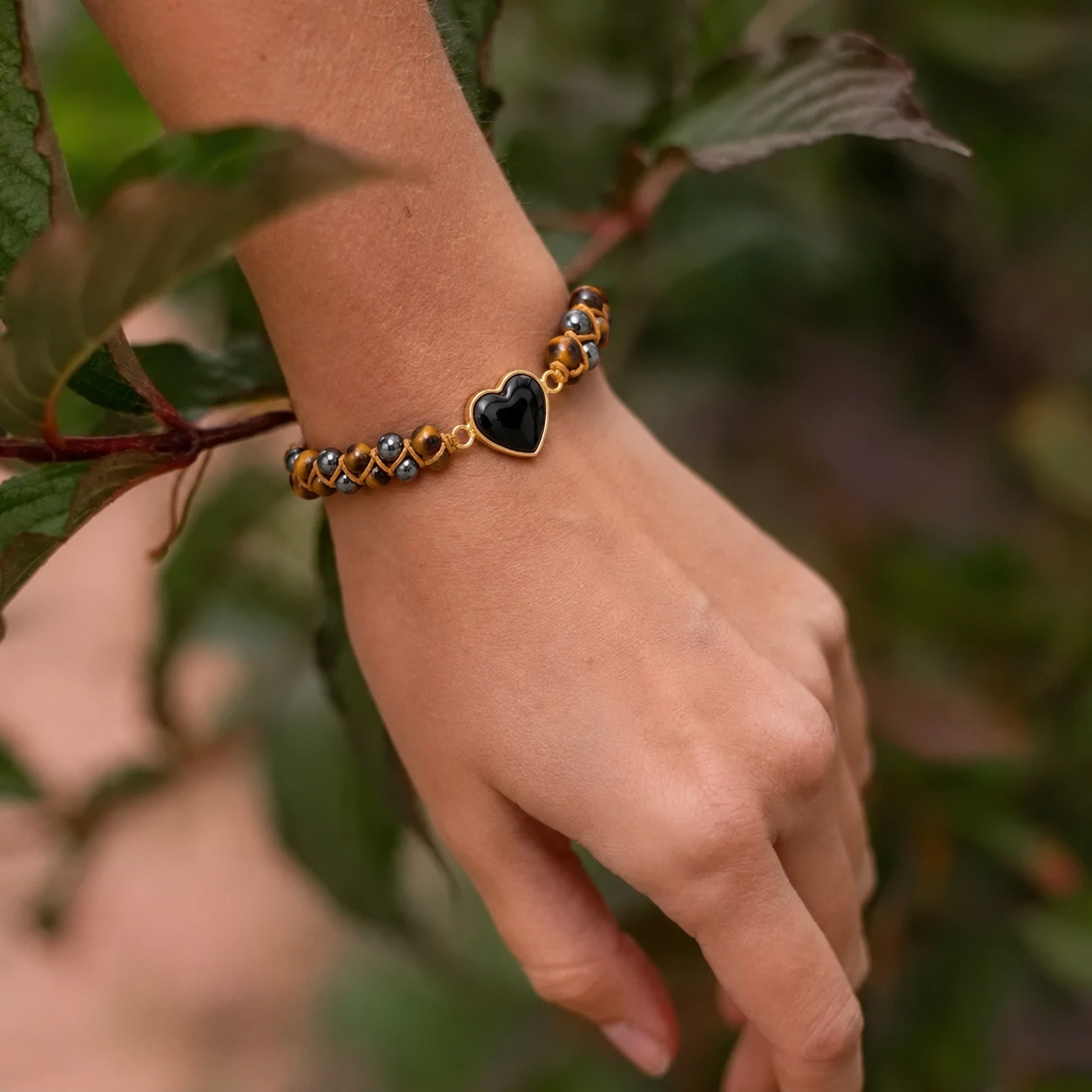 Triple Protection Bracelet Tiger Eye Obsidian Hematite Heart Braided Jewelry