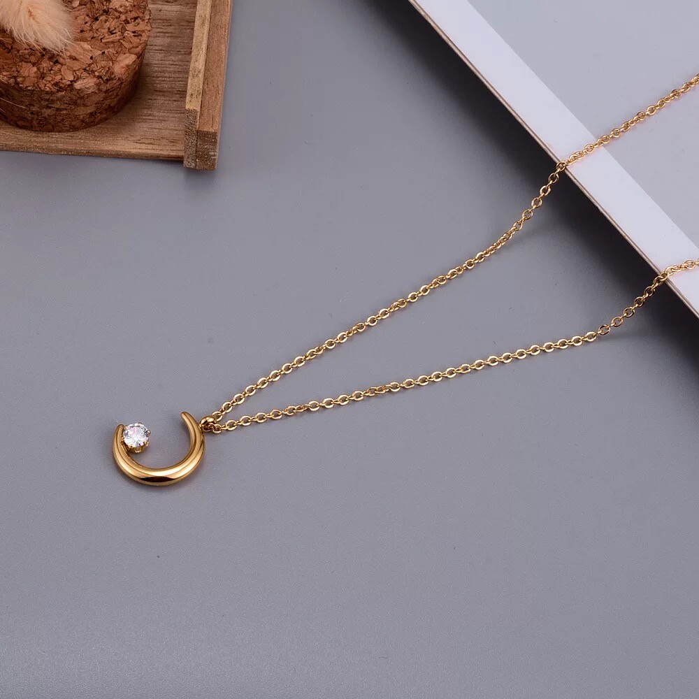 18K Yellow Gold Plated Moon Crescent Star Pendant Charm Necklace Woman’s Gift